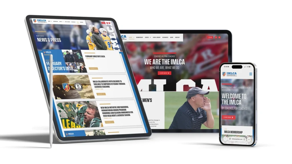 Several Apple devices, all displaying the new IMLCA website design by the Kohan Content team